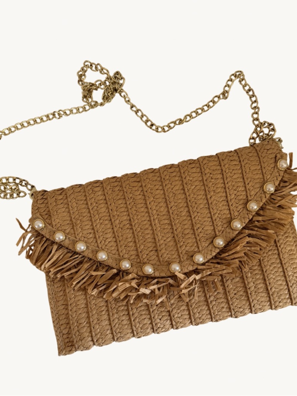 Sol Neri Straw Raffia Clutch Crossbody Bag Pearl Fringe Boho Beach Purse